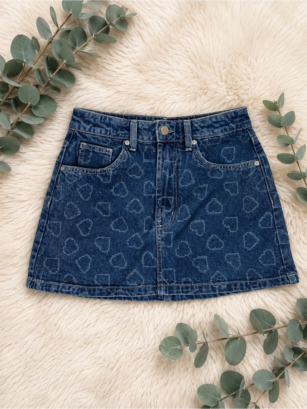 Cotton On Denim Mini Skirt Size 26 Blue Heart Print Y2K